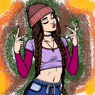 realistic teenage girl with braids and a beanie and crop top doing 🫶🏼