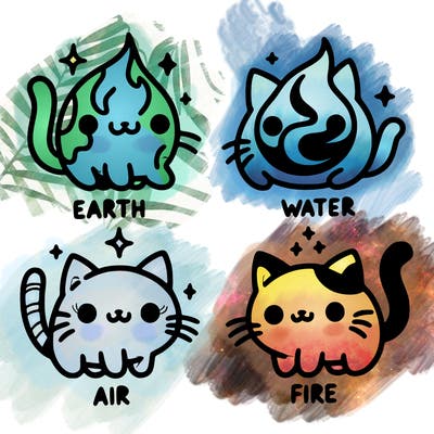 4 cats that represent the different elements, earth, water, air, and fire