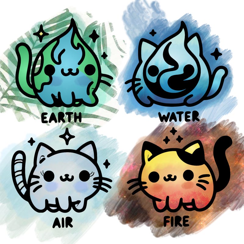 4 cats that represent the different elements, earth, water, air, and fire