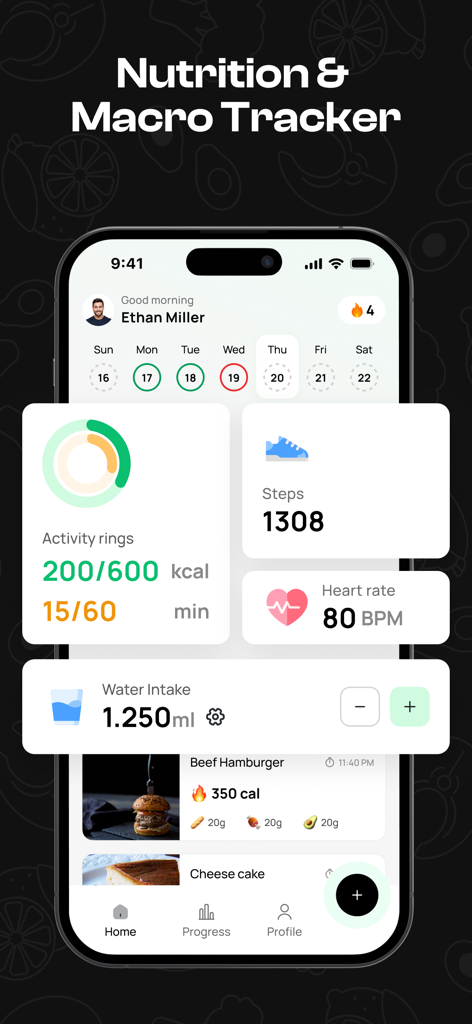 Dietfit AI dashboard showing nutrition macro tracking activity rings steps heart rate and water intake
