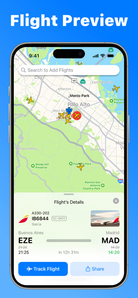 Flight Tracker, Plane Finder - Captura de pantalla de la aplicación móvil que muestra un mapa de radar interactivo con detalles de seguimiento de vuelos en tiempo real