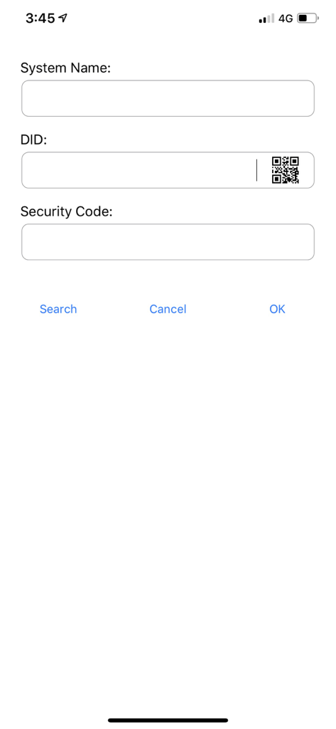Setup screen in the OMGuard HD app showing input fields for system name, DID, and security code to add a camera