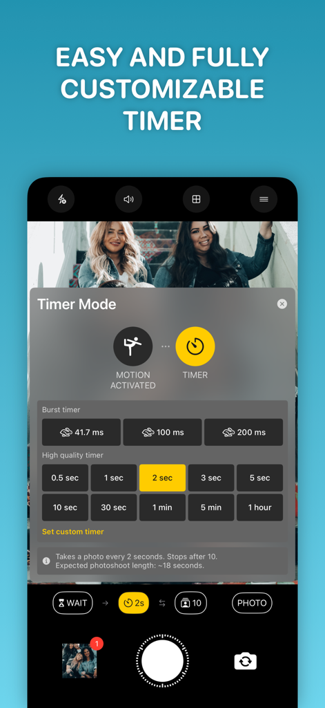 Lens Buddy Mobile App-Bildschirm zeigt einstellbare Selbstauslöser-Einstellungen und Bewegungsmodus