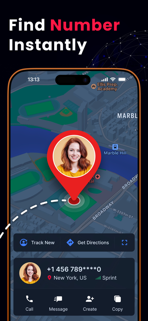 A mobile app interface showing a phone number locator with a caller profile and location pinpointed on a New York map