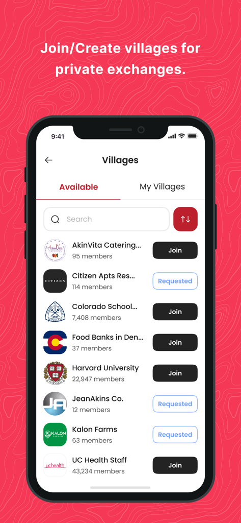 The HungreeApp - Oberfläche von The HungreeApp zeigt eine Liste privater Gemeinschaftsdörfer für den sicheren Lebensmitteltausch