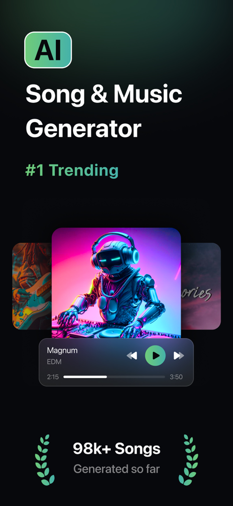AI Song Creator & Maker - SS9 - Interfaz de la aplicación AI Song Creator y Music Generator con un robot DJ y reproductor de música