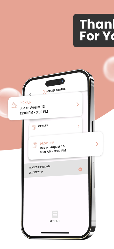 Love2Laundry: Pickup & Clean - Mobile phone displaying the Love2Laundry app order status screen with scheduled pickup and drop off times