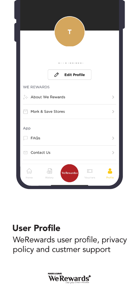 We Rewards - User profile screen of the We Rewards loyalty app showing account management and support options