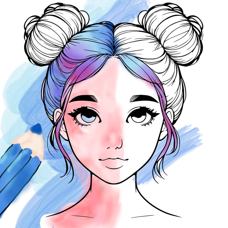 realistic girl with two buns on top of her head