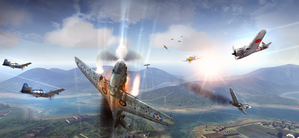 Sky Gamblers: Storm Raiders - Intense WWII aerial dogfight with fighter planes over a coastal landscape