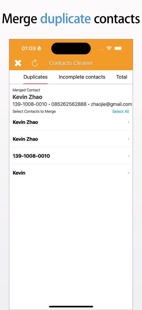 AI Cleaner Max-Clean Up Device - AI Cleaner Max 앱 인터페이스: 중복 연락처 병합 기능 표시