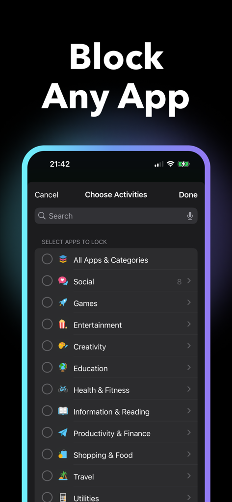 Une interface mobile pour sélectionner des catégories d'applications telles que les médias sociaux et les jeux à bloquer pour améliorer la concentration et la productivité