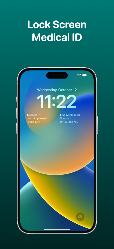 iPhone lock screen displaying a medical ID widget with owner name and emergency contact information.
