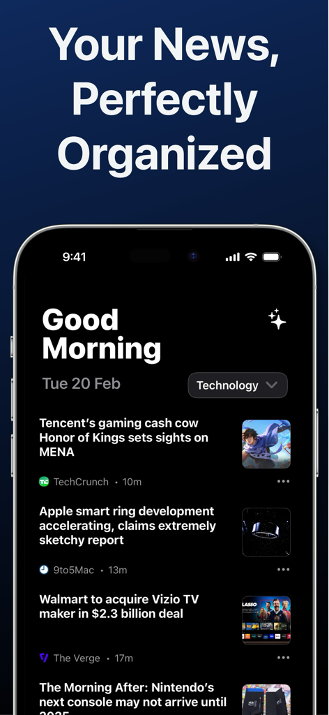 Bulletin: AI News Reader - Bulletin AI news reader app interface showing an organized technology news feed in dark mode