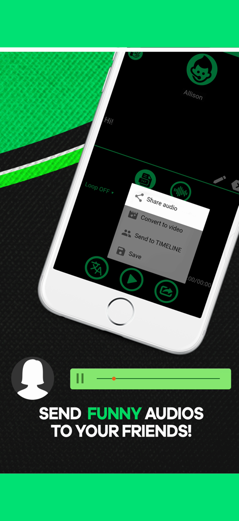 Interfaz de la aplicación La Voz del Narrador que muestra el menú de compartir con opciones para convertir audio a video y enviar mensajes divertidos.