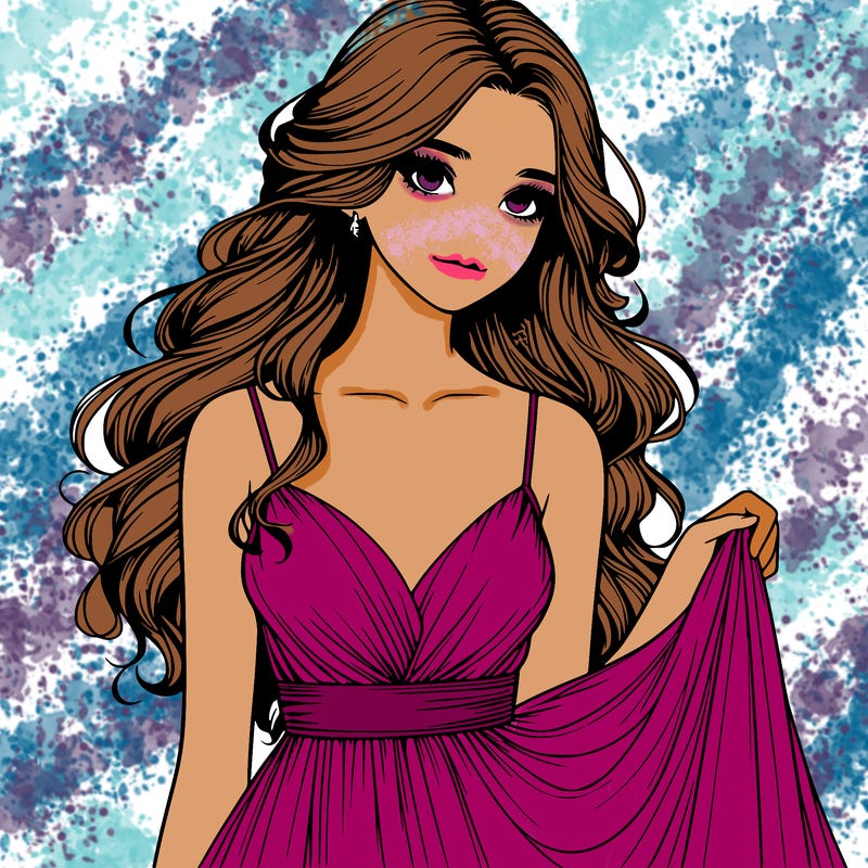 realistic girl in flowy silky prom dress
