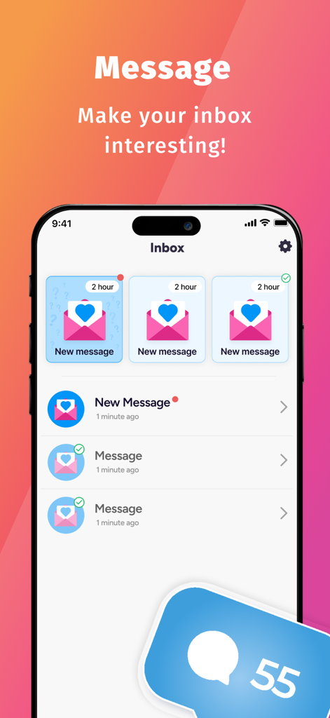 IMHO™: Honest Q&A with friends - La pantalla de la bandeja de entrada de la aplicación IMHO mostrando varias notificaciones nuevas de mensajes anónimos con iconos de corazón.