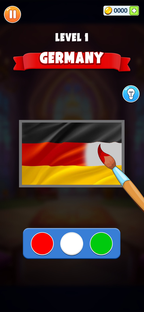 Flag Coloring Puzzle Games - A mobile game screen showing a paintbrush coloring the German flag in a puzzle level.