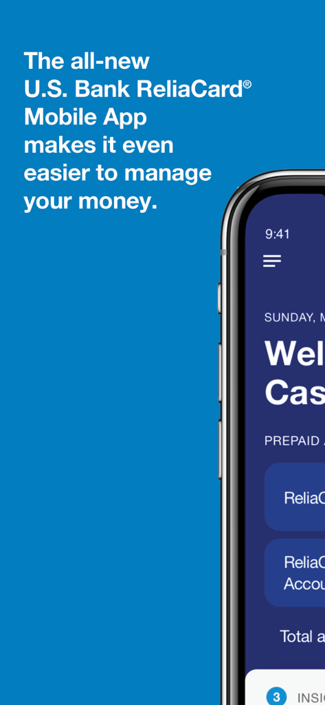 A smartphone showing the US Bank ReliaCard mobile app interface for money management
