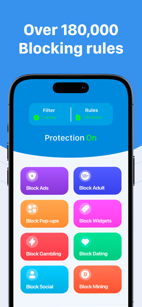Interface do aplicativo de bloqueador de anúncios do Safari mostrando interruptores para bloquear anúncios, pop-ups e conteúdo adulto