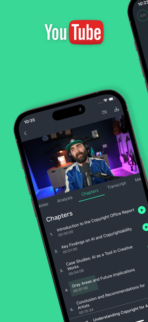 Stenote: AI Audio to Text - Interfaz de la aplicación Stenote que muestra capítulos generados por IA y marcas de tiempo para un video de YouTube transcrito en un iPhone.