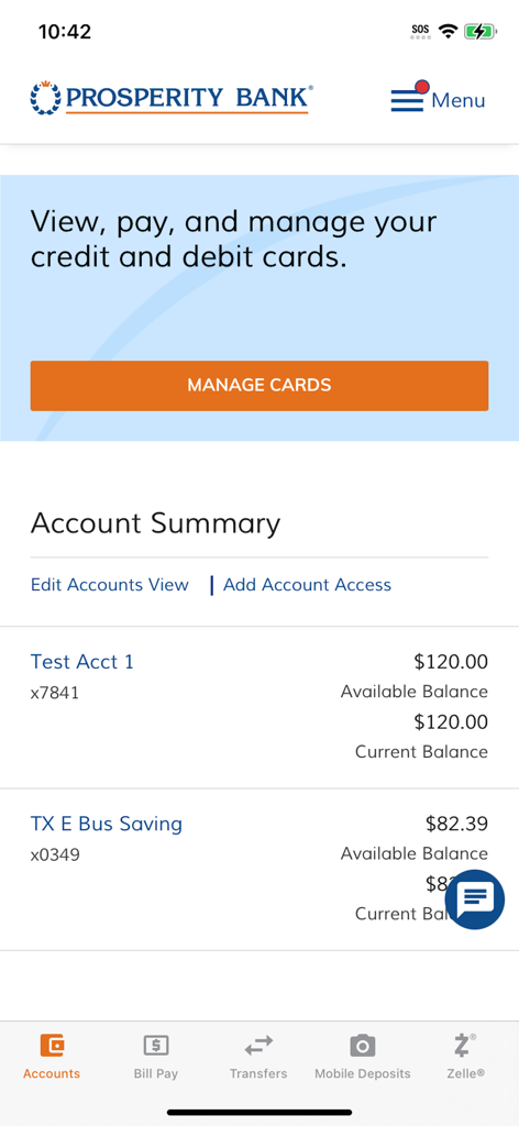 Prosperity Mobile Banking - Smartphone screen showing the Prosperity Bank mobile app account summary page with balances and navigation icons.