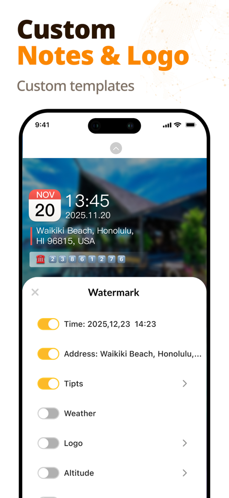 Timestamp Camera Photo&Video - Interface de l'application Timestamp Camera montrant les paramètres de filigrane personnalisés pour l'heure, l'adresse et le logo