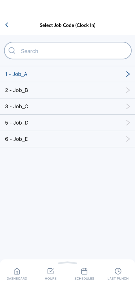 Tela Selecionar Código de Trabalho no aplicativo móvel TimeClock Plus para registro de ponto do funcionário