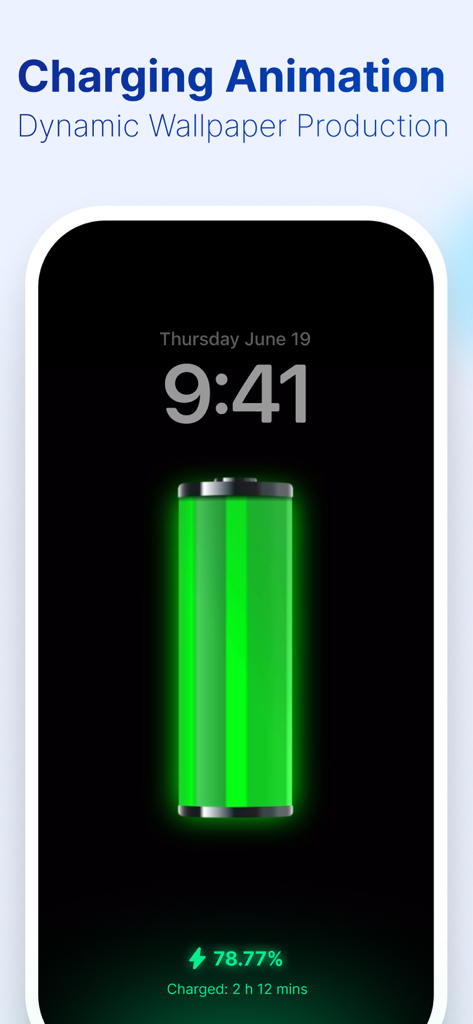 CleanSweep Go: Phone Booster - 78.77% 충전 표시기가 있는 크고 밝은 녹색 배터리 충전 애니메이션을 표시하는 iPhone 화면.