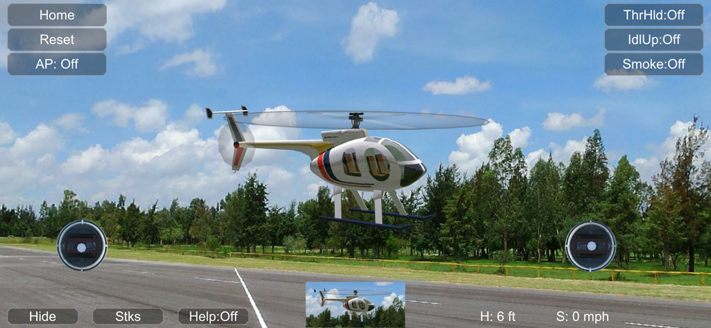 A white radio controlled helicopter hovering over a runway in a realistic flight simulator interface.