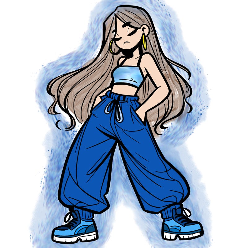 girl in baggy pants crop top and long hair
