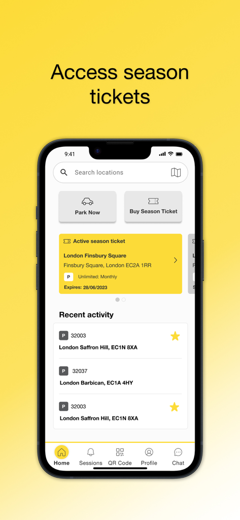NCP - NCP mobile app home screen showing active season tickets and recent parking sessions