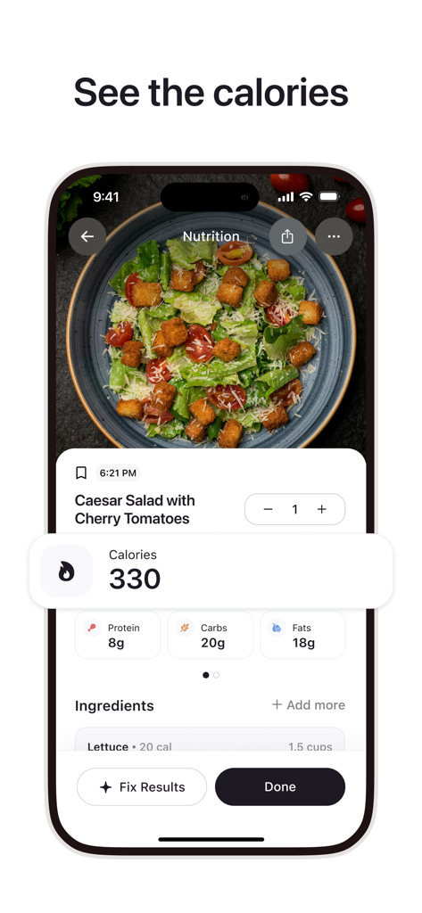 Cal AI app interface showing calorie and macronutrient breakdown for a Caesar salad photo scan
