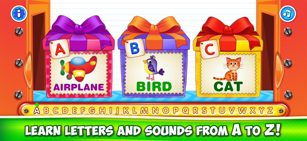 ABC Kids Games: Learn Letters! - Pantalla de aplicación educativa para niños con coloridas cajas de regalo para las letras A, B y C con ilustraciones a juego de un avión, un pájaro y un gato.