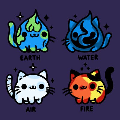 4 cats that represent the different elements, earth, water, air, and fire