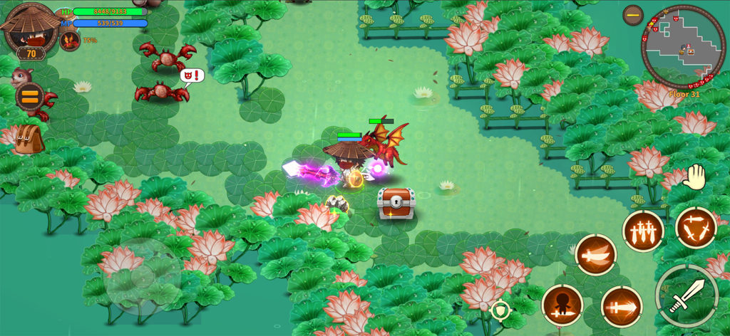 Mushroom Knight - Mushroom Knight character with a dragon pet exploring a dungeon with lotus flowers and opening a treasure chest