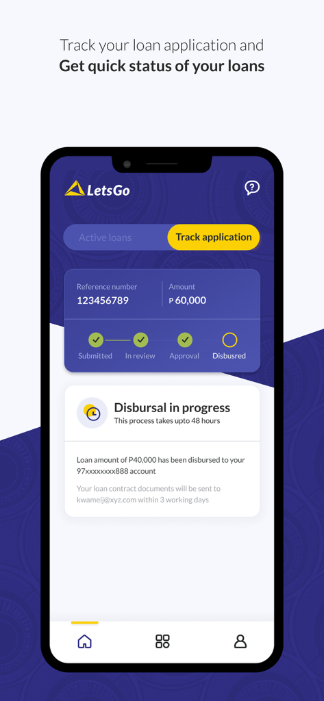 LetsGo Powered by Letshego - Interface of the LetsGo app showing the real-time status of a loan application from submission to disbursal