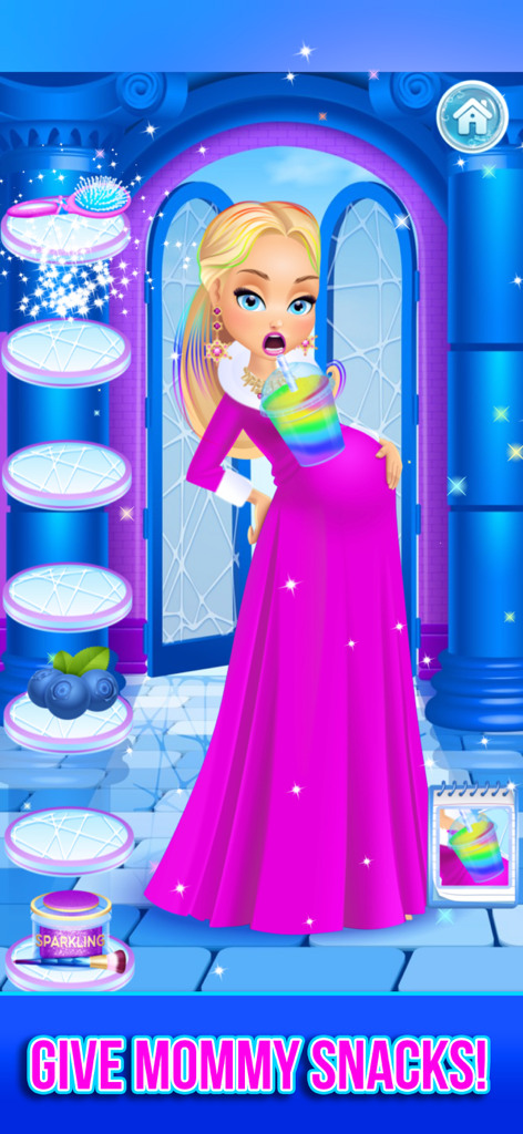 Pregnant Ice Queen drinking a rainbow smoothie with interactive snacks