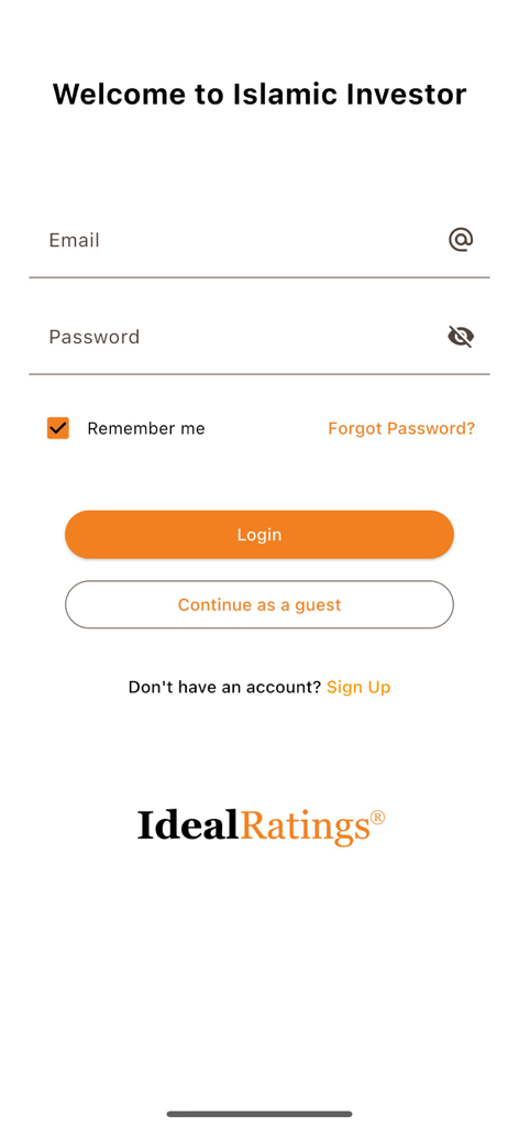 Islamic Investor - Login screen of the Islamic Investor app showing email and password input fields and a continue as guest option.