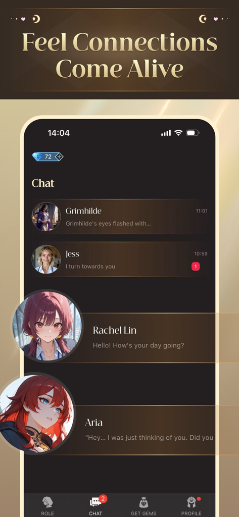 Kuki - Best AI Companion - A mobile app interface for Kuki AI Companion showing a list of different AI chat characters including Grimhilde, Jess, Rachel Lin, and Aria.