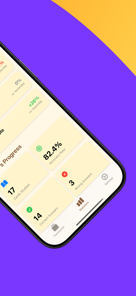MemoCards: AI flashcards - MemoCards app statistics dashboard showing study progress accuracy rate and card count