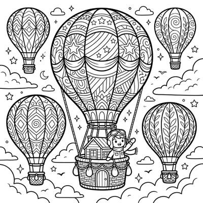 Embark on a sky-high adventure with this delightful hot air balloon coloring page designed especially for kids! Featuring multiple patterned balloons and a cheerful little pilot, it's perfect for sparking imagination.