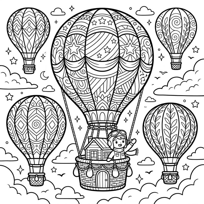 Embark on a sky-high adventure with this delightful hot air balloon coloring page designed especially for kids! Featuring multiple patterned balloons and a cheerful little pilot, it's perfect for sparking imagination.