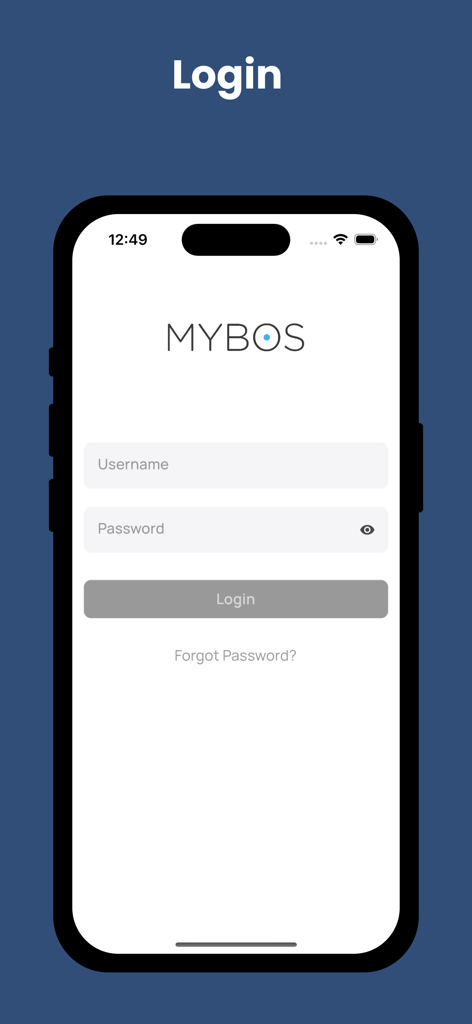 MYBOS Resident - 사용자 이름과 비밀번호 입력란이 있는 MYBOS Resident 앱 로그인 화면, 모바일 장치에 표시.