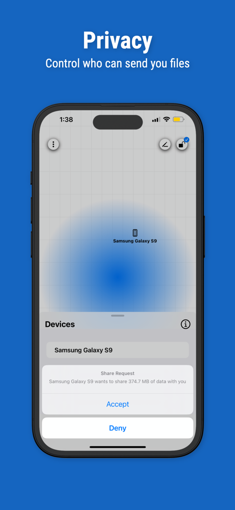 DroidShare - DroidShare app interface displaying a privacy control screen with an incoming file share request from a Samsung device and options to accept or deny