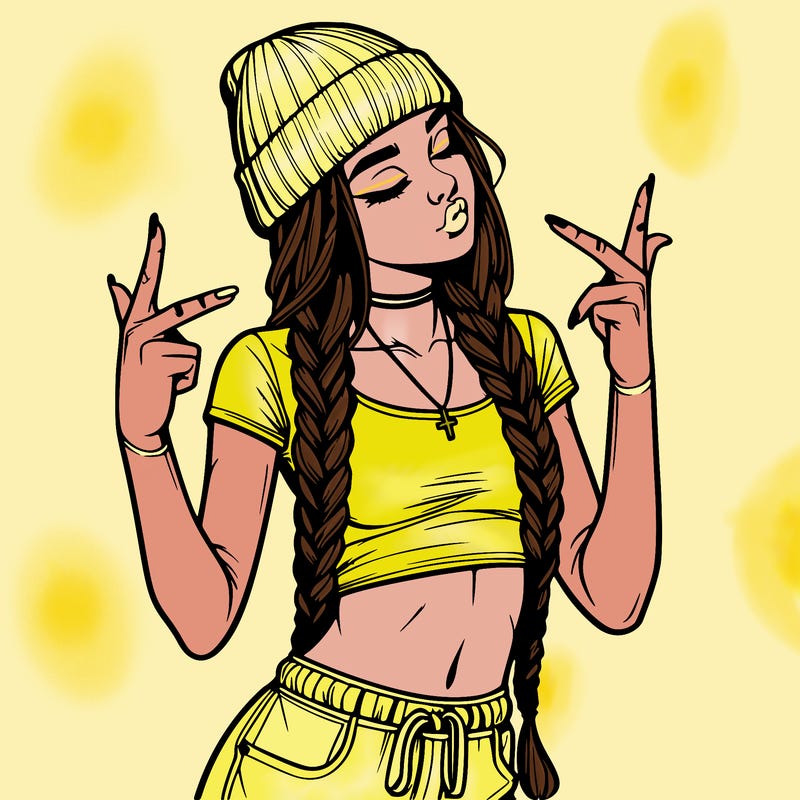 realistic teenage girl with braids and a beanie and crop top doing 🫶🏼
