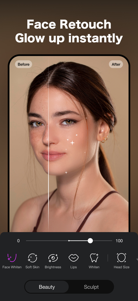 Picsoft AI Photo Editor - Eine Benutzeroberfläche einer mobilen App, die KI-Gesichtsretusche-Funktionen mit einem Vorher-Nachher-Vergleich von Hautglättung und Aufhellung anzeigt