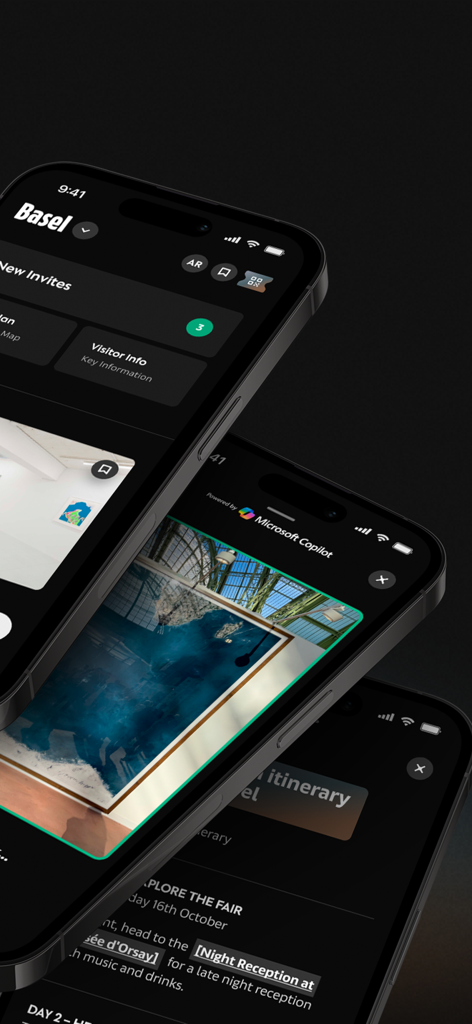 Capturas de ecrã da aplicação Art Basel que mostram o itinerário e o reconhecimento de obras de arte por IA no iPhone