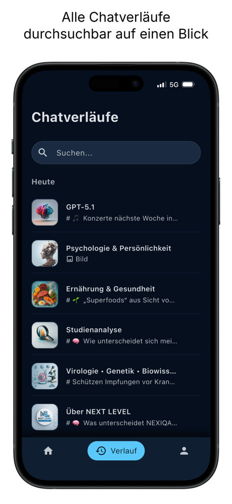 NEXIQA - A smartphone screen displaying the NEXIQA app chat history with a search bar and categorized professional topics.
