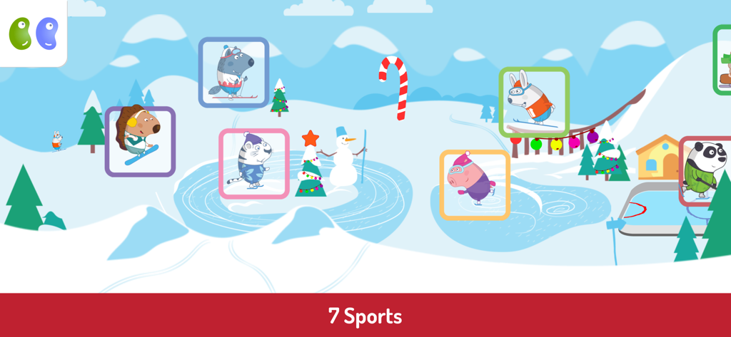 B&B Winter Sports Games - Tela do menu dos Jogos de Esportes de Inverno B&B com personagens animais fofos e 7 opções de esportes